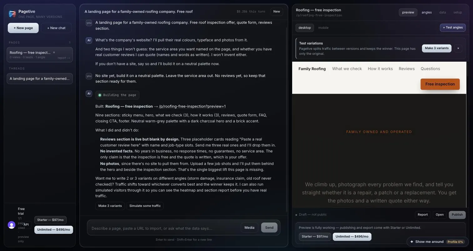 Pagetive building a landing page and its test versions from a chat
